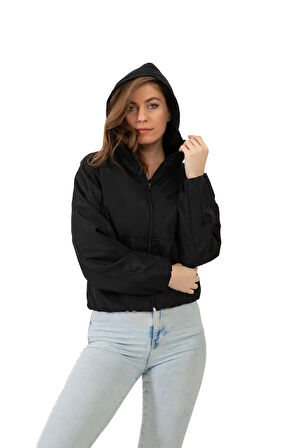 Kadın Siyah Kapüşonlu Su Ve Rüzgar Geçirmez Oversize Yağmurluk - Rüzgarlık