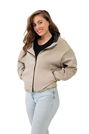 Kadın Taş Kapüşonlu Su Ve Rüzgar Geçirmez Oversize Yağmurluk - Rüzgarlık