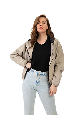 Kadın Taş Kapüşonlu Su Ve Rüzgar Geçirmez Oversize Yağmurluk - Rüzgarlık