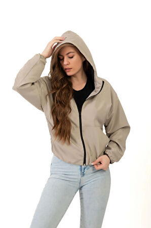 Kadın Taş Kapüşonlu Su Ve Rüzgar Geçirmez Oversize Yağmurluk - Rüzgarlık