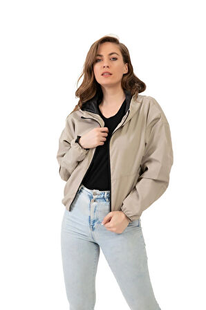 Kadın Taş Kapüşonlu Su Ve Rüzgar Geçirmez Oversize Yağmurluk - Rüzgarlık