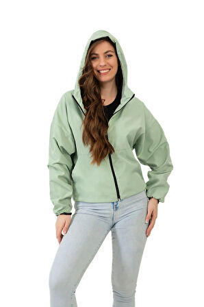 Kadın Su Yeşili Kapüşonlu Su Ve Rüzgar Geçirmez Oversize Yağmurluk - Rüzgarlık