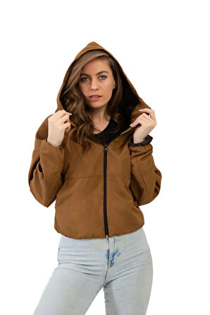 Kadın Taba Kapüşonlu Su Ve Rüzgar Geçirmez Oversize Yağmurluk - Rüzgarlık