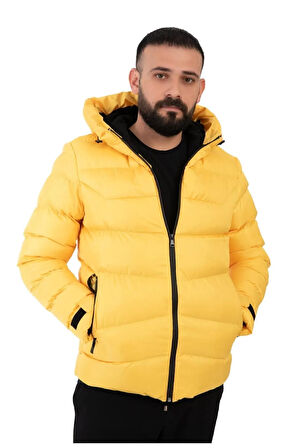 Erkek Sarı Kapüşonlu Polarlı Kürklü Su Geçirmez Rüzgara Dayanıklı Şişme Mont Kaban Parka