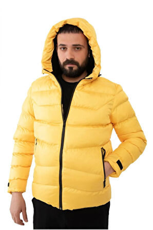 Erkek Sarı Kapüşonlu Polarlı Kürklü Su Geçirmez Rüzgara Dayanıklı Şişme Mont Kaban Parka