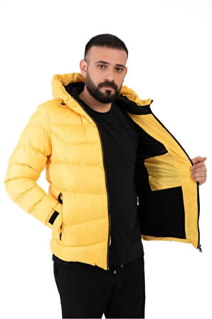 Erkek Sarı Kapüşonlu Polarlı Kürklü Su Geçirmez Rüzgara Dayanıklı Şişme Mont Kaban Parka