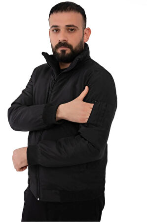 Erkek Siyah Astarlı Dik Yaka Mevsimlik Su Ve Rüzgar Geçirmez Mont