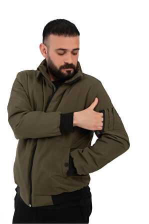 Erkek Haki Astarlı Dik Yaka Mevsimlik Su Ve Rüzgar Geçirmez Mont
