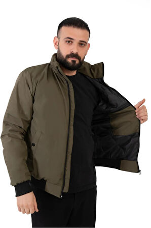Erkek Haki Astarlı Dik Yaka Mevsimlik Su Ve Rüzgar Geçirmez Mont