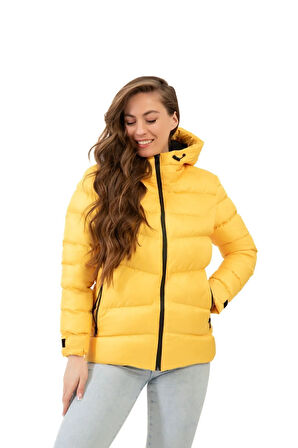 Kadın Sarı Kapüşonlu Polarlı Kürklü Su Geçirmez Rüzgara Dayanıklı Şişme Mont Kaban Parka