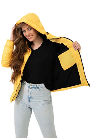 Kadın Sarı Kapüşonlu Polarlı Kürklü Su Geçirmez Rüzgara Dayanıklı Şişme Mont Kaban Parka