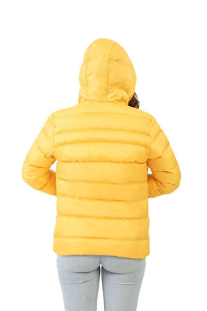 Kadın Sarı Kapüşonlu Polarlı Kürklü Su Geçirmez Rüzgara Dayanıklı Şişme Mont Kaban Parka