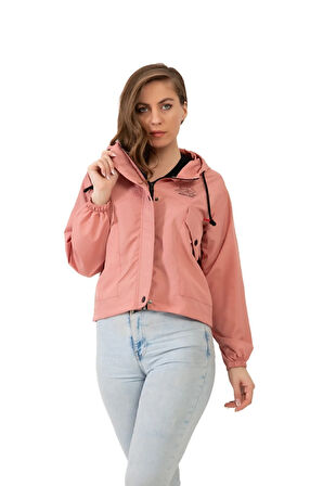 Kadın Pudra Su Geçirmez Ve Rüzgara Dayanıklı Kapüşonlu Çıt Çıtlı Mevsimlik Yağmurluk