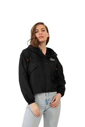 Kadın Siyah Su Geçirmez Ve Rüzgara Dayanıklı Kapüşonlu Çıt Çıtlı Mevsimlik Yağmurluk