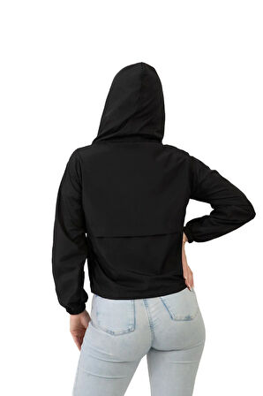 Kadın Siyah Su Geçirmez Ve Rüzgara Dayanıklı Kapüşonlu Çıt Çıtlı Mevsimlik Yağmurluk