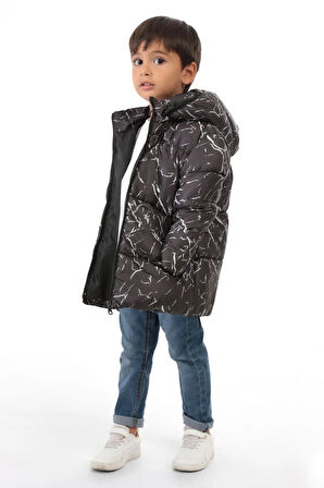 Erkek Çocuk Siyah Çıkabilir Kapüşonlu Su Ve Rüzgar Geçirmez Kışlık Şişme Mont & Kaban & Parka