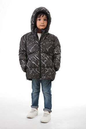 Erkek Çocuk Siyah Çıkabilir Kapüşonlu Su Ve Rüzgar Geçirmez Kışlık Şişme Mont & Kaban & Parka