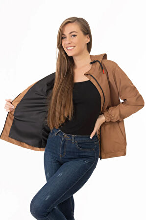 Kadın Taba Su Geçirmez Ve Rüzgara Dayanıklı Astarlı Kapüşonlu Yağmurluk - Rüzgarlık