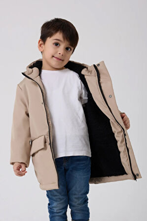 Erkek Çocuk Taş Kürklü Su Ve Rüzgar Geçirmez Kapüşonlu 3 Kışlık Mont & Kaban & Parka