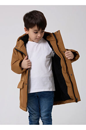 Erkek Çocuk Taba Kürklü Su Ve Rüzgar Geçirmez Kapüşonlu 3 Kışlık Mont & Kaban & Parka