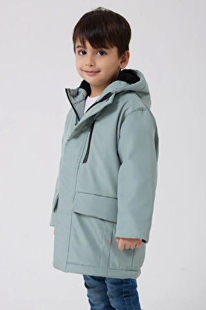 Erkek Çocuk Mint Yeşil Kürklü Su Ve Rüzgar Geçirmez Kapüşonlu 3 Kışlık Mont & Kaban & Parka
