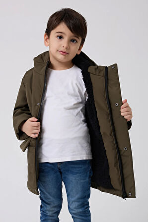 Erkek Çocuk Haki Kürklü Su Ve Rüzgar Geçirmez Kapüşonlu 3 Kışlık Mont & Kaban & Parka