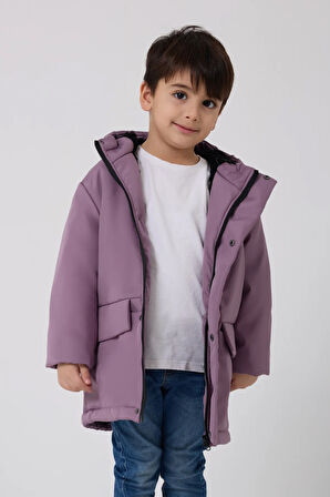 Erkek Çocuk Lila Kürklü Su Ve Rüzgar Geçirmez Kapüşonlu 3 Kışlık Mont & Kaban & Parka
