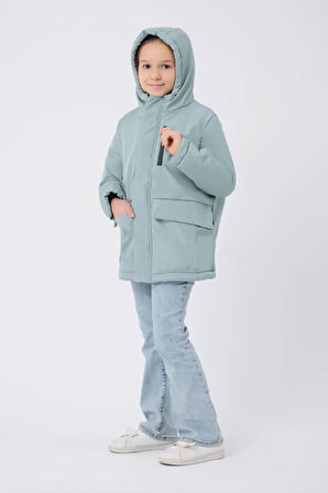 Kız Çocuk Mint Yeşil Kürklü Su Ve Rüzgar Geçirmez Kapüşonlu 3 Kışlık Mont & Kaban & Parka