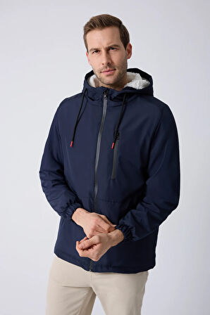 Erkek Lacivert Kürklü Su Ve Rüzgar Geçirmez Kapüşonlu Kışlık Mont & Kaban & Parka