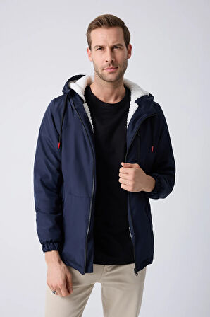 Erkek Lacivert Kürklü Su Ve Rüzgar Geçirmez Kapüşonlu Kışlık Mont & Kaban & Parka