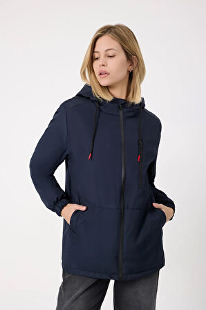 Kadın Lacivert Kürklü Su Ve Rüzgar Geçirmez Kapüşonlu Kışlık Mont & Kaban & Parka