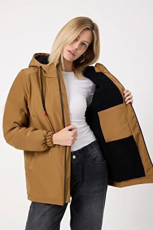 Kadın Taba Kürklü Su Ve Rüzgar Geçirmez Kapüşonlu Kışlık Mont & Kaban & Parka