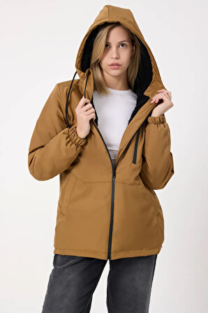 Kadın Taba Kürklü Su Ve Rüzgar Geçirmez Kapüşonlu Kışlık Mont & Kaban & Parka