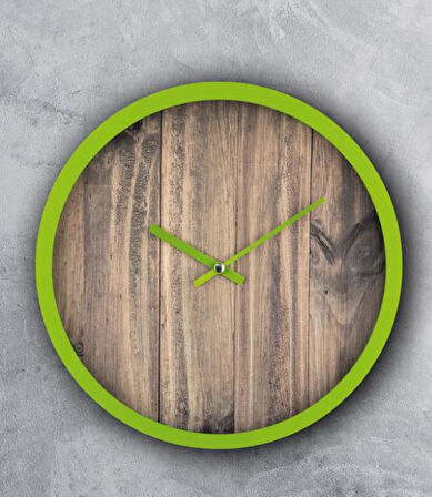 Rakamsız Ahşap Görünümlü Yeşil Çerçeveli Sessiz Akar 30 Cm Duvar Saati