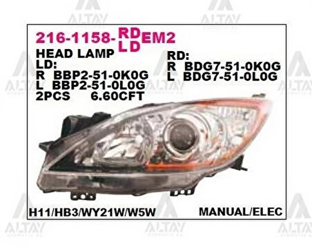 Far Mazda-3 2009-2012 Manuel-Elektrikli Siyah Sol (1 Adet) (Oem No: Bbp2-51-0L0L)