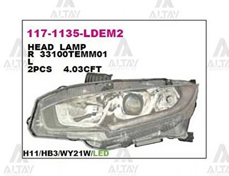 Far Civic 2016 Sonrası  Sedan Elegance-Premıum Motoru Üzerinde Ledli Sol (Oem No:33150-Tet-H01) (Adet)