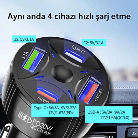 Çok Hızlı Şarjlı Akım Korumalı Araç Çakmaklık Şarj Aleti Çakmaklık Şarj Cihazı 5 Usb Çıkışlı