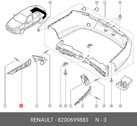 Renault Clio Thalia 2000- Tampon Braketi Arka Sağ (Oem No:8200699883)