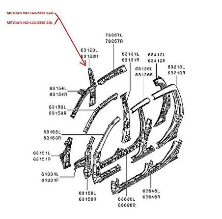 mitsubishi l200- pıck up- 2006-2015  orta direk iç sacı sol (ıç kabın tarafı) (çıft kabın) (orıjınal Oem No (5312A257T)