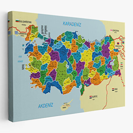 Türkiye Haritası Kanvas Tablo İl ve İlçeli Ayrıntılı Eğitici Komşulu Tablo 3004