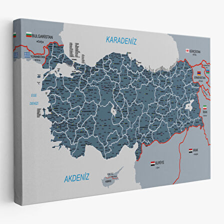 Türkiye Haritası Kanvas Tablo İl ve İlçeli Ayrıntılı Eğitici Komşulu Tablo 3009