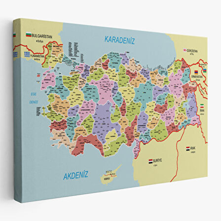 Türkiye Haritası Kanvas Tablo İl ve İlçeli Ayrıntılı Eğitici Komşulu Tablo 3011