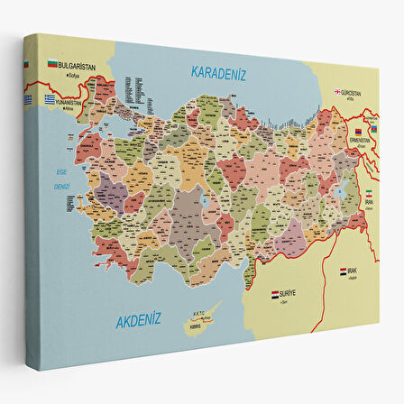 Türkiye Haritası Kanvas Tablo İl ve İlçeli Ayrıntılı Eğitici Komşulu Tablo 3017