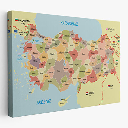 Türkiye Haritası Kanvas Tablo Sınır Komşulu Eğitici Dekoratif Tablo 3101