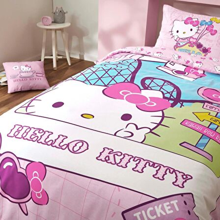 Taç Lisanslı Hello Kitty Travel Pamuk Tek Kişilik Nevresim Takımı