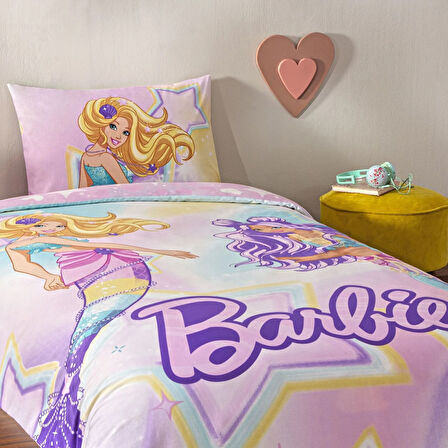 Taç Lisanslı Barbie Mermaid Tek Kişilik Pamuk Nevresim Takımı