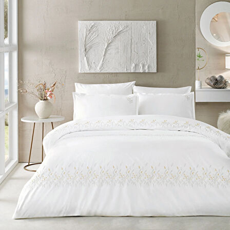 Linens Premium Chıffon Pamuk Brode Süper King Nevresim Takımı Beyaz