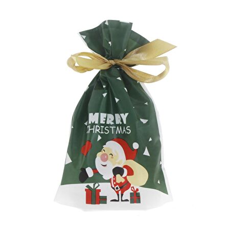 10 Adet 12X17cm Plastik Torba Kurdelalı Yılbaşı Noel Baba
