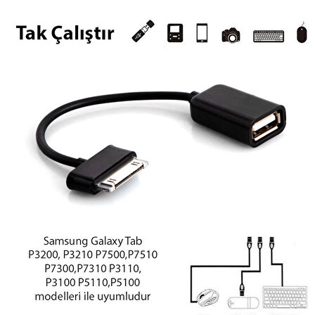 Samsung Galaxy Tab P3200, P3210 P7500,P7510,P7300,P7310 P3110, P3100 P5110,P5100 Usb Otg Kablo