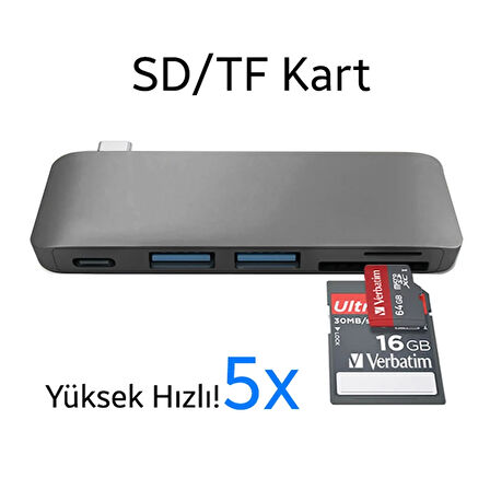 5in1 Usb-C Hub 3.0 Type-C Şarj Kart Okuyucu Type-C Adaptör (Gri)